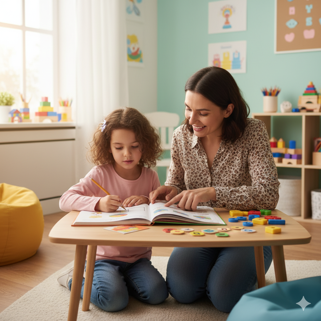 Criança estudando com apoio psicopedagógico